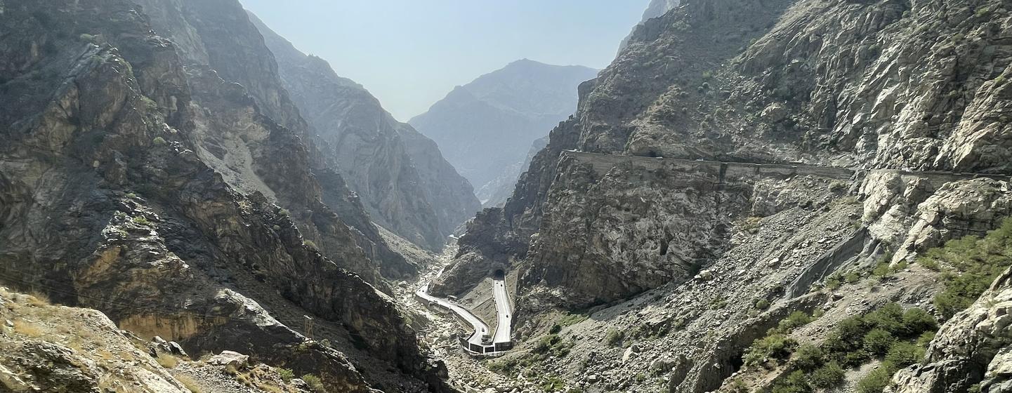 A mountain range and winding road between Kabul and Jalalabad.